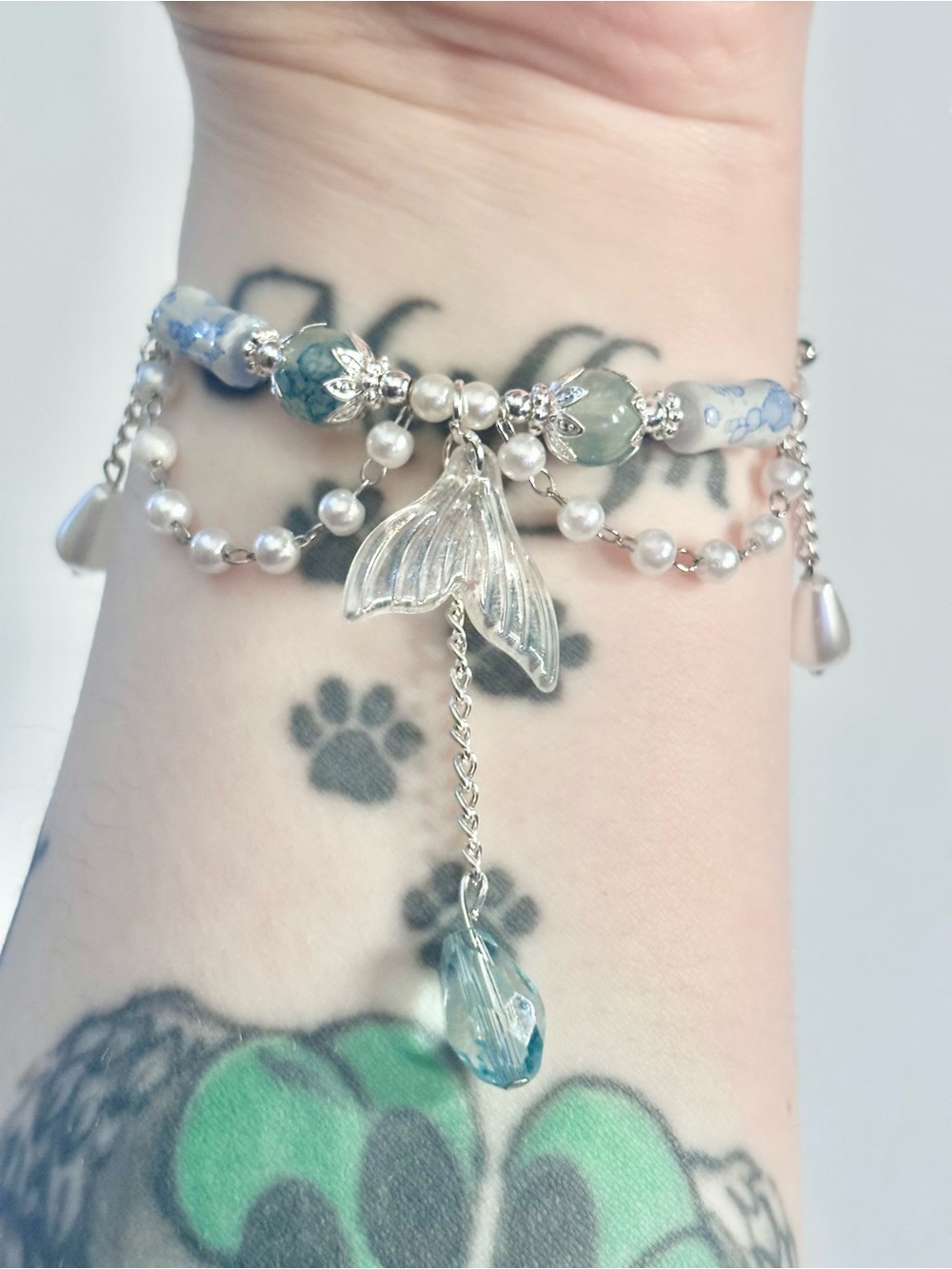 Hand Crafted Silver Bracelet with Blue and White Beads and Mermaid Tail Charm - Picture 6 of 7